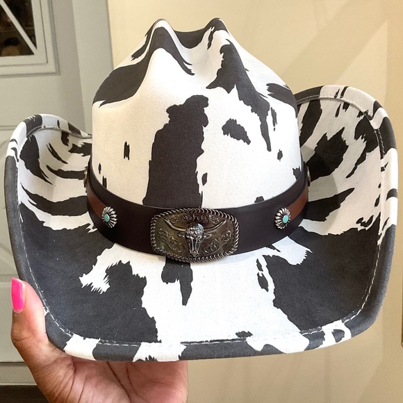 COW PRINT WESTERN LONG HORN STRAP COWBOY HAT - Picture 2 of 15